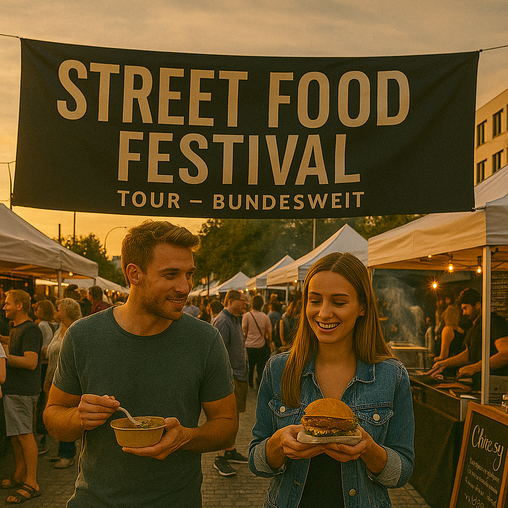 Street Food Festival bei Sonnenuntergang mit vielen Besuchern, weißen Marktständen und zwei lachenden Gästen mit frischem Essen