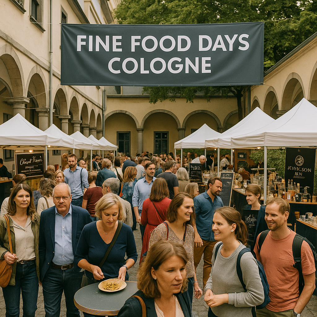 Gut besuchte Fine Food Days in Köln mit weißen Marktständen, entspannter Stimmung und vielen Gästen im Innenhof unter dem Banner