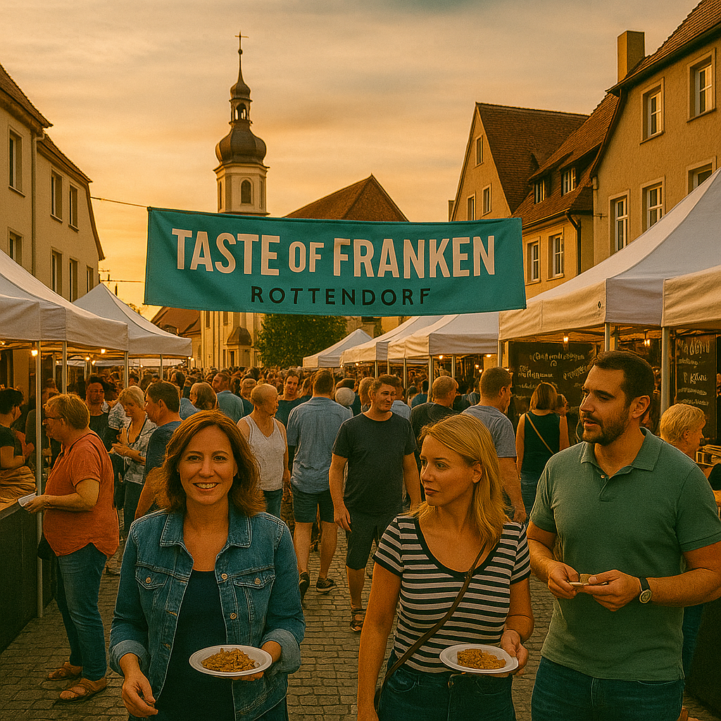 Taste of Franken in Rottendorf bei Sonnenuntergang – gut besuchtes Straßenfest mit weißen Marktständen und entspannten Gästen