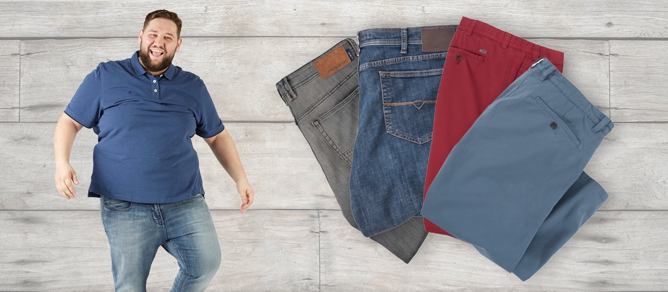 Ein kräftiger Mann und eine Auswahl an großen Jeanshosen