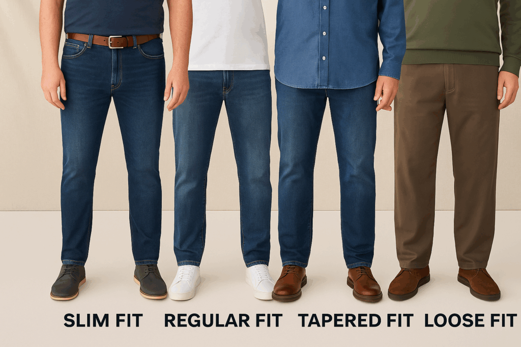 Vier Jeans-Passformen für Herren in großen Größen: Slim Fit, Regular Fit, Tapered Fit und Loose Fit nebeneinander im Vergleich