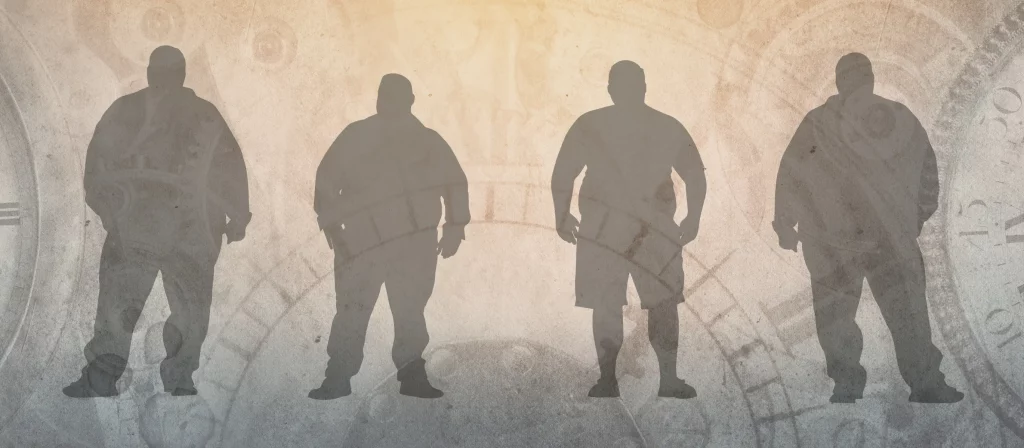 Silhouetten von Männern in Übergrößen vor einer antiken Uhr, die unterschiedliche modische Outfits tragen.