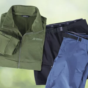 Grüne Funktionsjacke, blaue Funktionsshorts und schwarze Funktionshose – umweltfreundliche Sport- und Outdoorbekleidung.