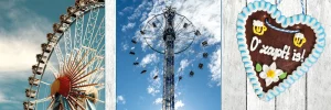 Dreiteiliges Bild: Riesenrad, Kettenkarussell und Lebkuchenherz mit „O'zapft is!“ auf dem Oktoberfest.
