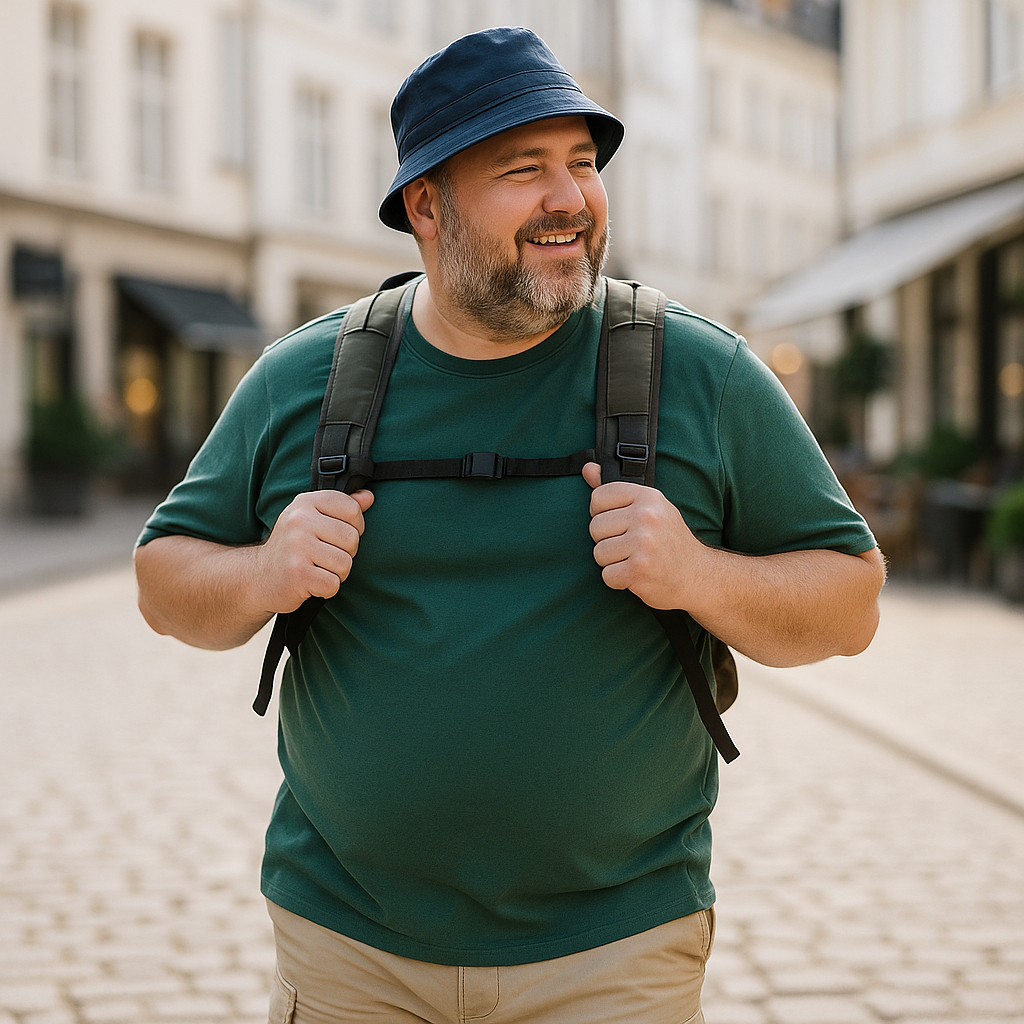 Plus-Size-Mann mit grünem Shirt, Bucket Hat und Rucksack in einer sonnigen Altstadt – komfortabel gekleidet für unterwegs