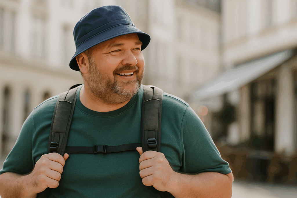 Plus-Size-Mann mit Rucksack auf Städtereise in sommerlicher Kleidung – Symbol für komfortables Reisen mit Stil