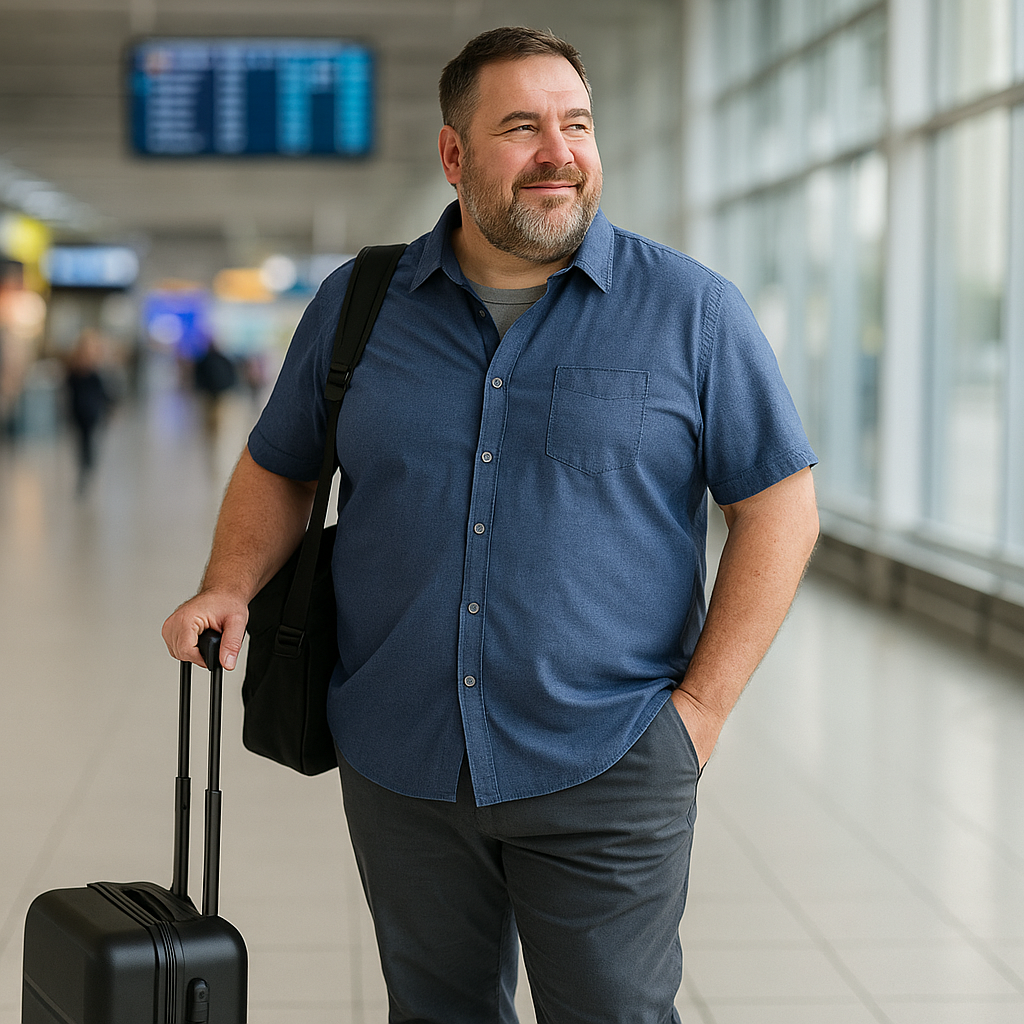 Plus-Size-Mann in blauem Hemd mit Trolley in einem modernen Flughafen – bereit für den Urlaub mit Stil und Komfort