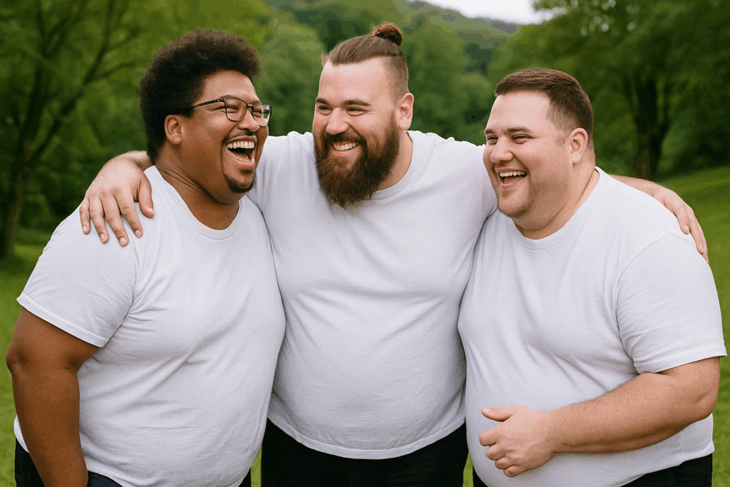 Drei kräftige Männer in weißen T-Shirts und schwarzen Hosen stehen eng beisammen auf einer grünen Wiese, lachen herzlich und umarmen sich freundschaftlich. Im Hintergrund sind Bäume und Hügel zu sehen.