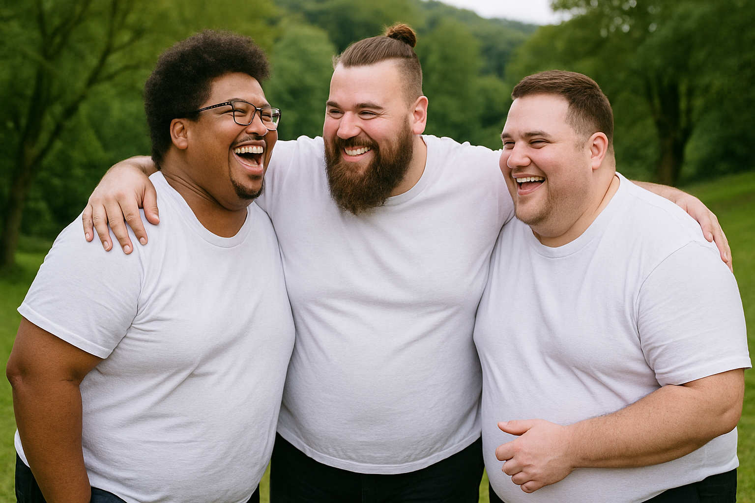 Drei kräftige Männer in weißen T-Shirts und schwarzen Hosen stehen eng beisammen auf einer grünen Wiese, lachen herzlich und umarmen sich freundschaftlich. Im Hintergrund sind Bäume und Hügel zu sehen.