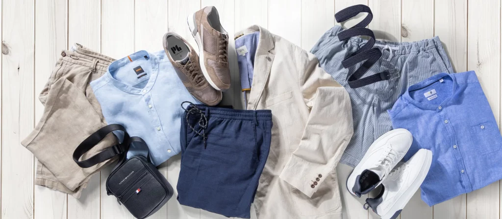 Leinenhosen, Hemden, Shorts und Accessoires für Männer in großen Größen in Beige und Blau