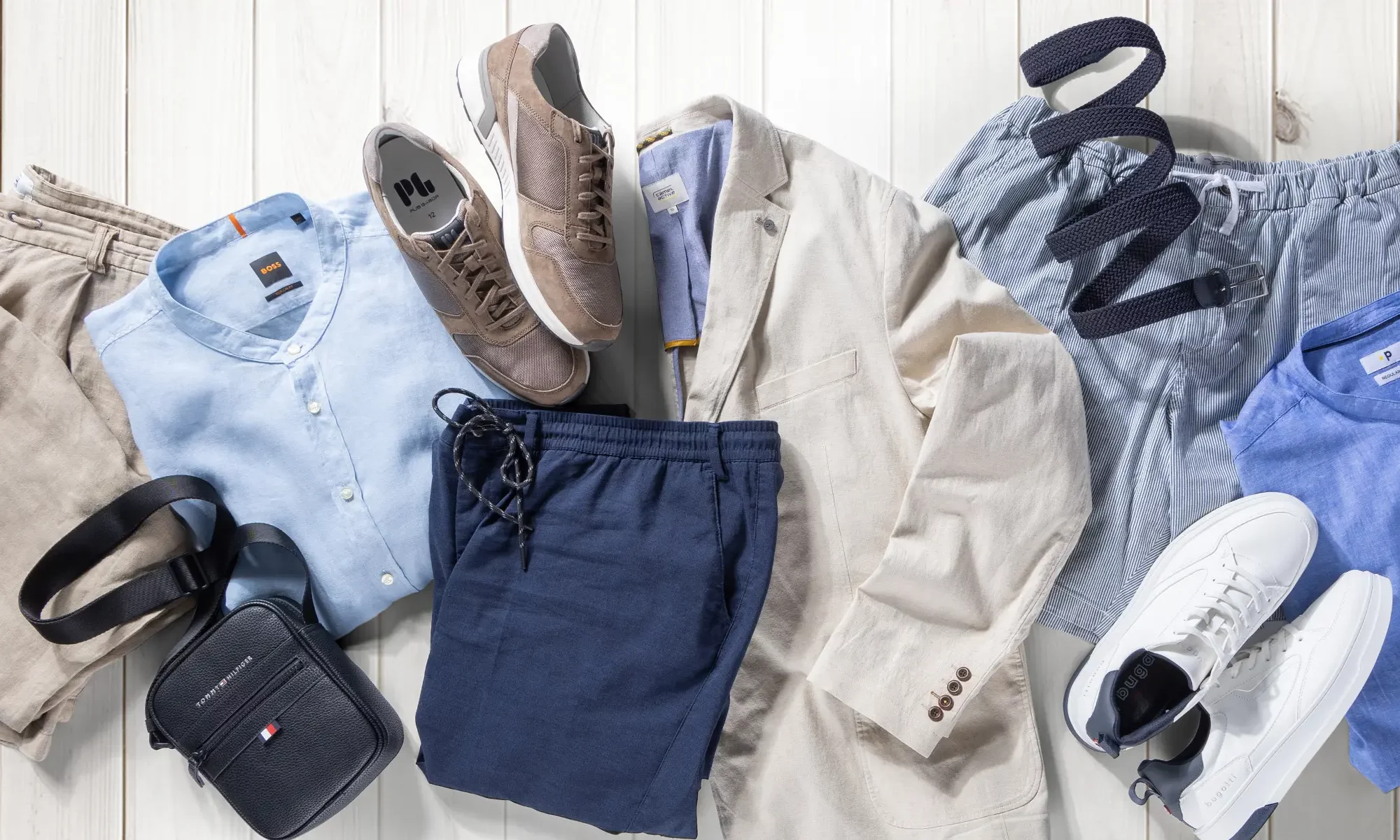 Leinenhosen, Hemden, Shorts und Accessoires für Männer in großen Größen in Beige und Blau