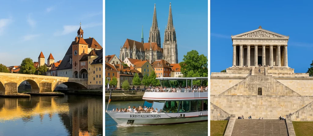 Dreigeteiltes Bild mit Sehenswürdigkeiten in Regensburg: links die Steinerne Brücke mit Altstadtsilhouette, in der Mitte der Regensburger Dom mit Ausflugsschiff „Kristallkönigin“ auf der Donau, rechts die monumentale Walhalla bei Donaustauf vor blauem Himmel.