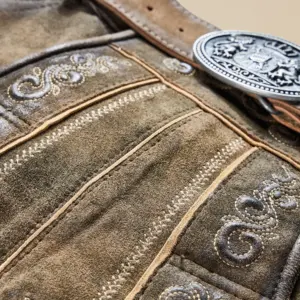 Nahaufnahme einer getragenen Wildlederhose mit feinen Stickereien