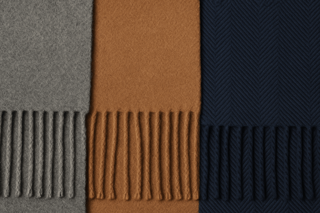 Nahaufnahme von Woll-, Kaschmir- und Baumwollschals in neutralen Farben – hochwertig, warm, stilvoll.