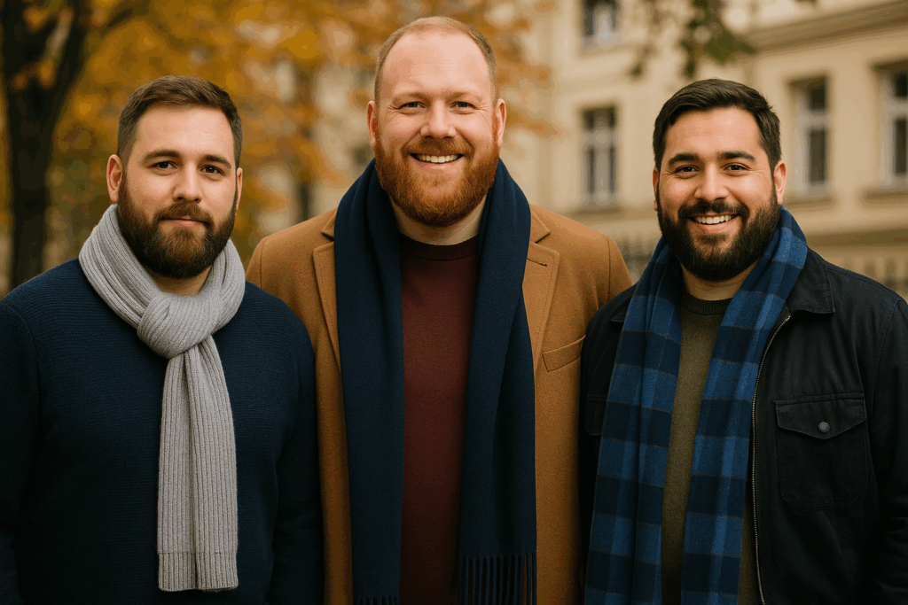 Drei Plus-Size Männer tragen moderne Strickschals im urbanen Streetstyle – authentisch, selbstbewusst, stilvoll.
