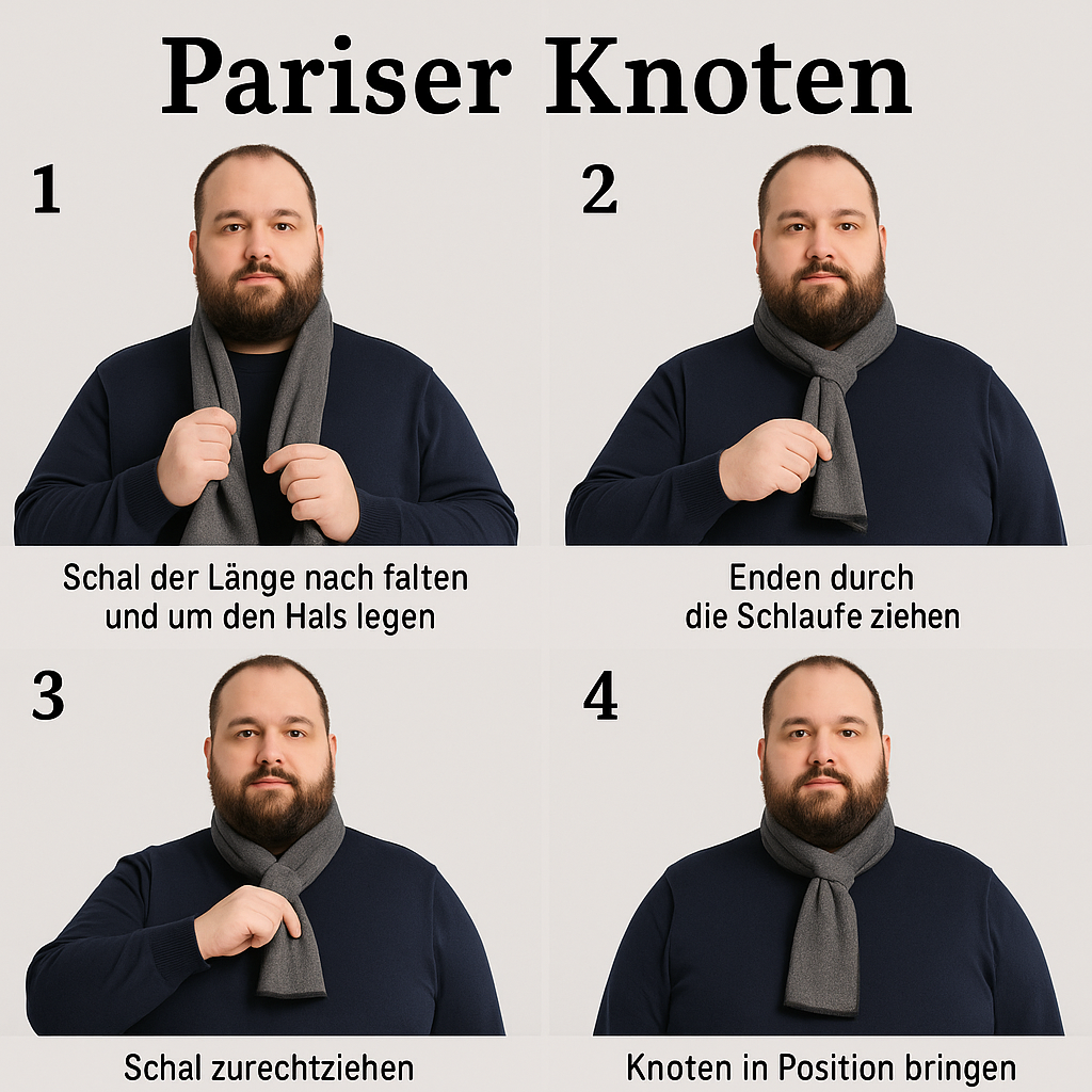 Schritt-für-Schritt-Anleitung für den Pariser Knoten: Schal falten, umlegen, durchziehen, festziehen und stylen.
