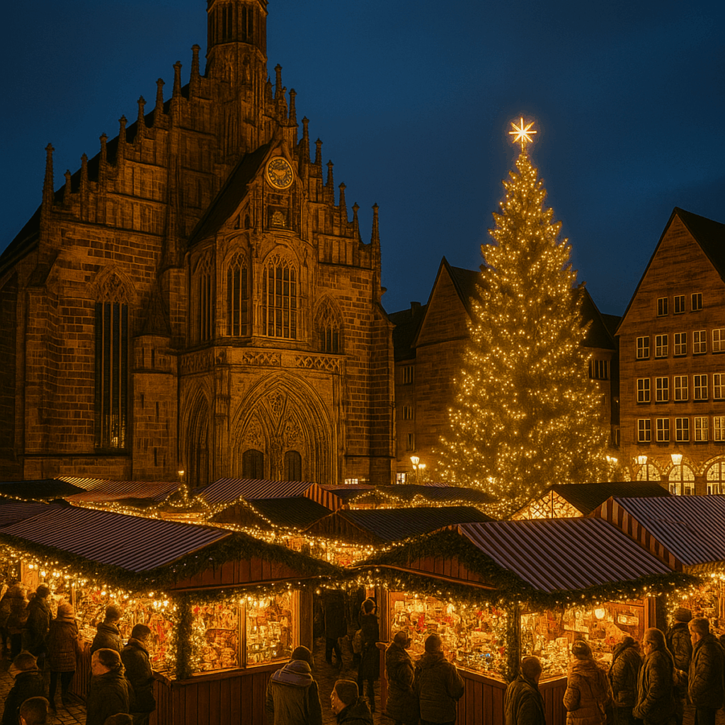 Christkindlesmarkt in Nürnberg bei Nacht mit beleuchtetem Weihnachtsbaum, festlichen Buden und der Frauenkirche im Hintergrund