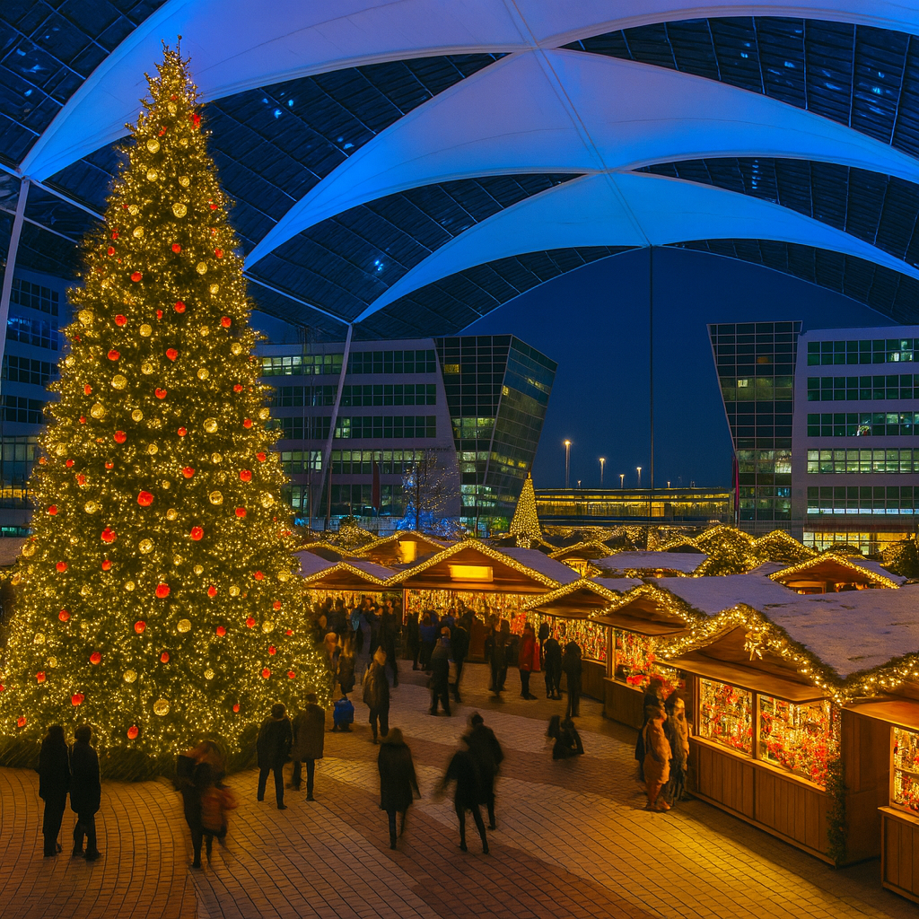 Weihnachtsmarkt am Flughafen München mit großem Lichterbaum, verschneiten Buden und vielen Besuchern unter dem beleuchteten Dach.