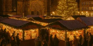 Christkindlesmarkt in Nürnberg bei Nacht mit beleuchtetem Weihnachtsbaum, festlichen Buden und der Frauenkirche im Hintergrund
