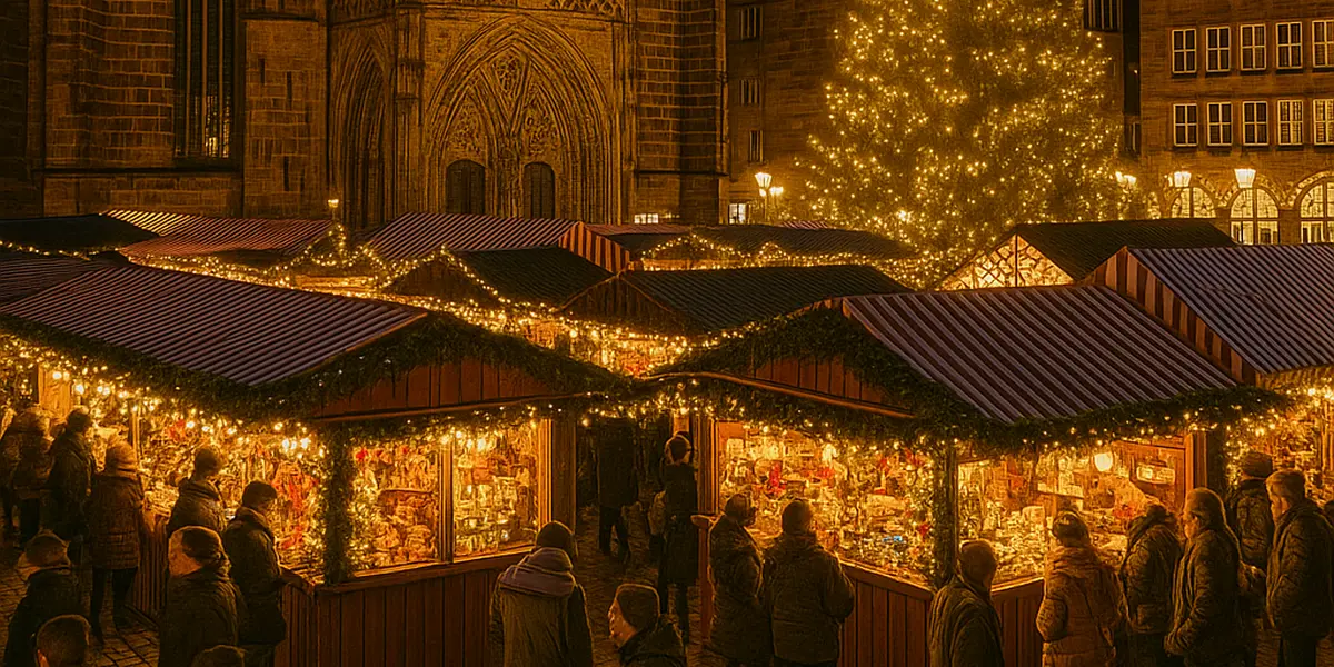 Christkindlesmarkt in Nürnberg bei Nacht mit beleuchtetem Weihnachtsbaum, festlichen Buden und der Frauenkirche im Hintergrund