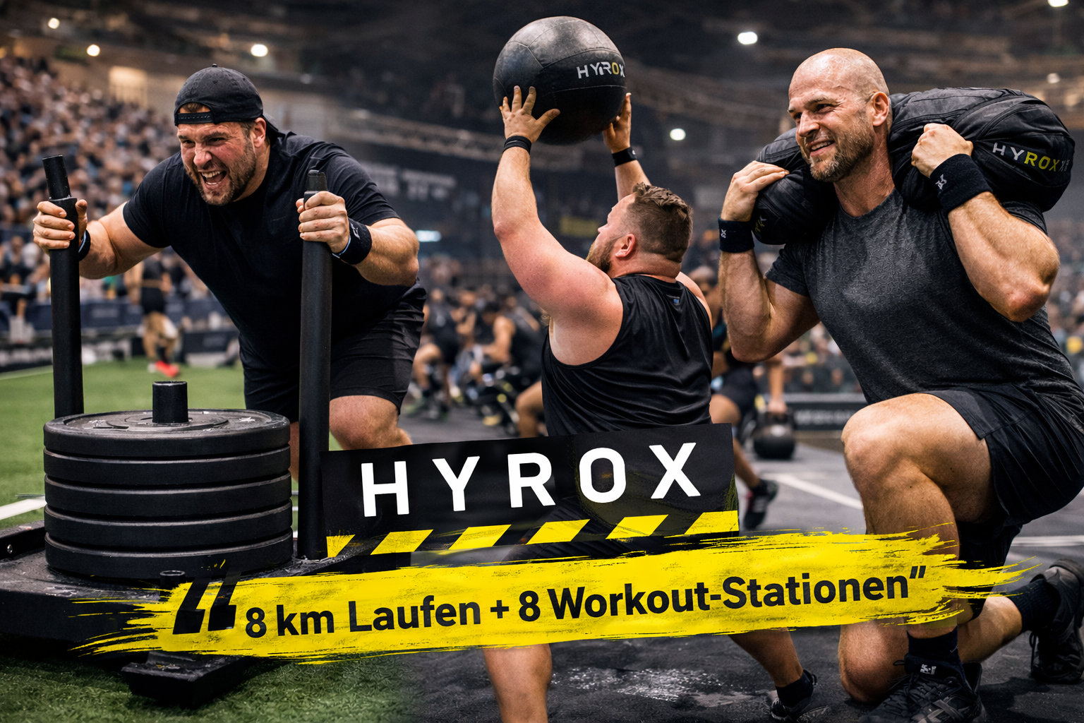 HYROX Wettkampf in einer Indoor-Arena: Drei kräftige Athleten bei Sled Push, Wall Balls und Sandbag Lunges – 8 km Laufen und 8 Workout-Stationen im Fokus.