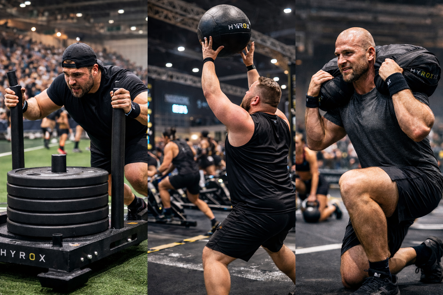 Was ist HYROX? Kräftige Athleten bei einem HYROX Fitness-Wettkampf mit Sled Push, Wall Balls und Sandbag Lunges in einer Indoor-Halle.“