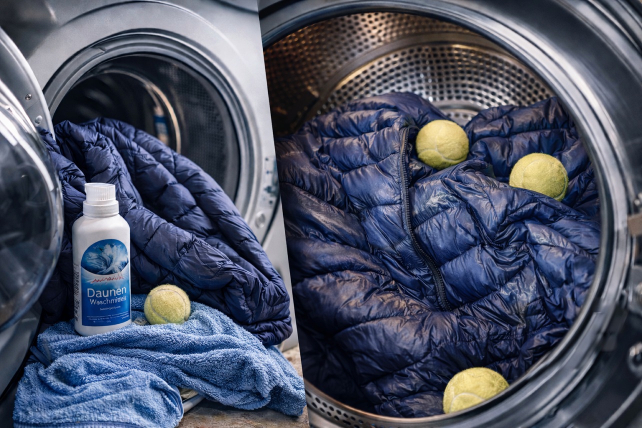 Blaue Daunenjacke in Waschmaschine und Trockner mit Tennisbällen und speziellem Daunenwaschmittel – Anleitung zum richtigen Waschen und Trocknen.