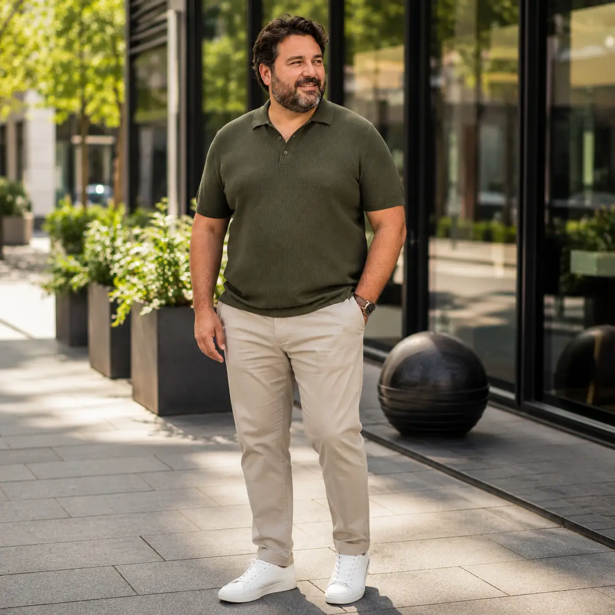Herren-Outfit mit olivgrünem Strickpoloshirt, heller Chino und weißen Sneakern in großer Größe.