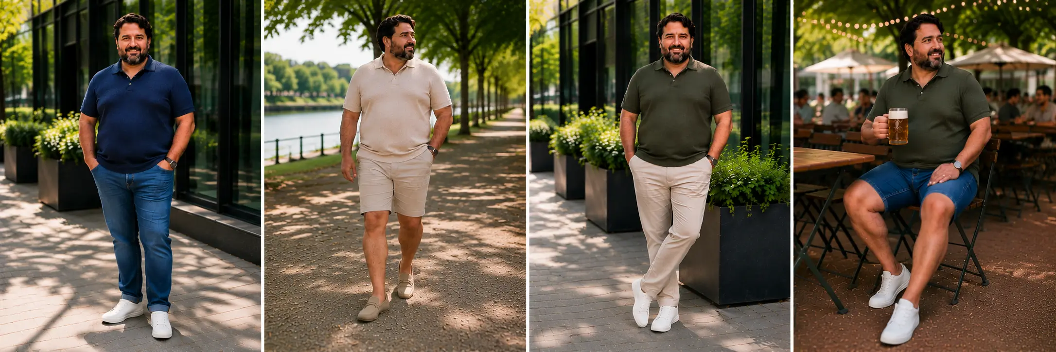 Collage mit vier sommerlichen Outfits rund um Strickpoloshirts für Herren in großen Größen.