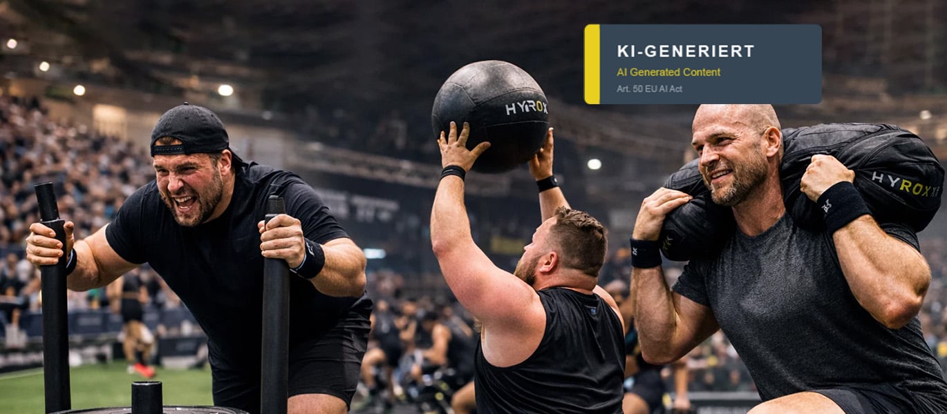 HYROX Wettkampf in einer Indoor-Arena: Drei kräftige Athleten bei Sled Push, Wall Balls und Sandbag Lunges – 8 km Laufen und 8 Workout-Stationen im Fokus.