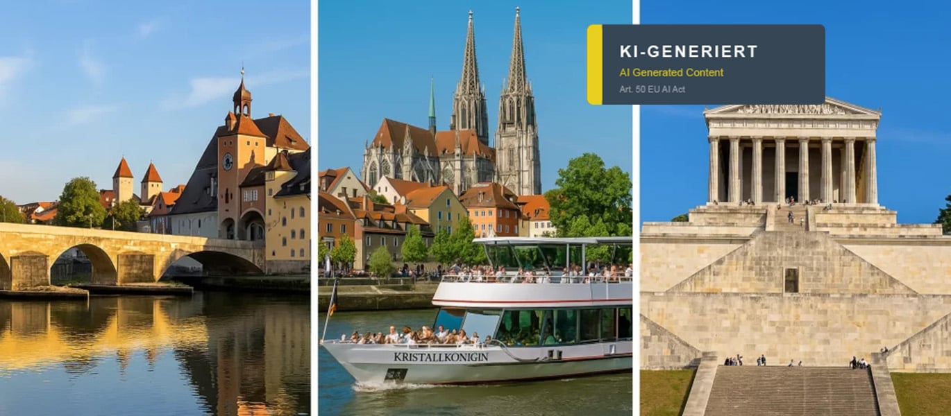 Dreigeteiltes Bild mit Sehenswürdigkeiten in Regensburg: links die Steinerne Brücke mit Altstadtsilhouette, in der Mitte der Regensburger Dom mit Ausflugsschiff „Kristallkönigin“ auf der Donau, rechts die monumentale Walhalla bei Donaustauf vor blauem Himmel.