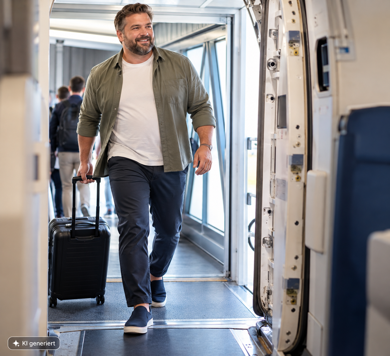 Mann mit Format beim Einsteigen im Flugzeuggang oder auf der Fluggastbrücke, Rollkoffer in der Hand, offenes Overshirt über T-Shirt, Slip-on-Sneaker; freundlicher, selbstbewusster Gesichtsausdruck