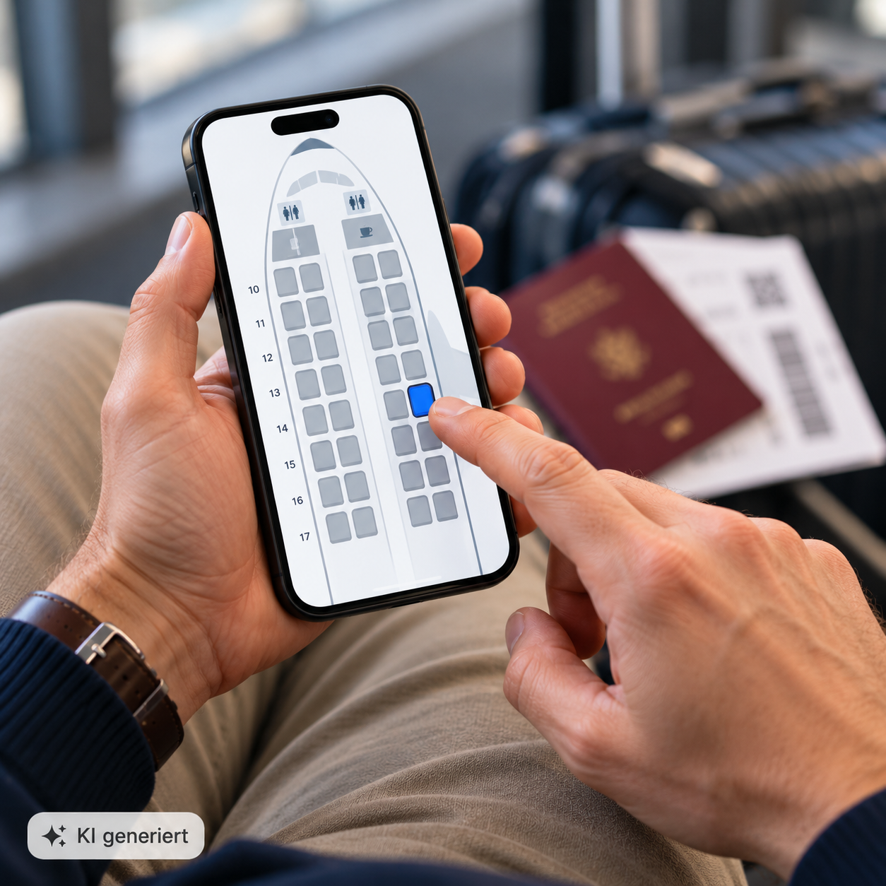 Nahaufnahme einer Männerhand, die auf dem Smartphone einen Flugzeug-Sitzplan antippt, ein Gangplatz ist markiert; Bildschirm ohne Airline-Logo, im Hintergrund unscharf eine Bordkarte oder ein Reisepass