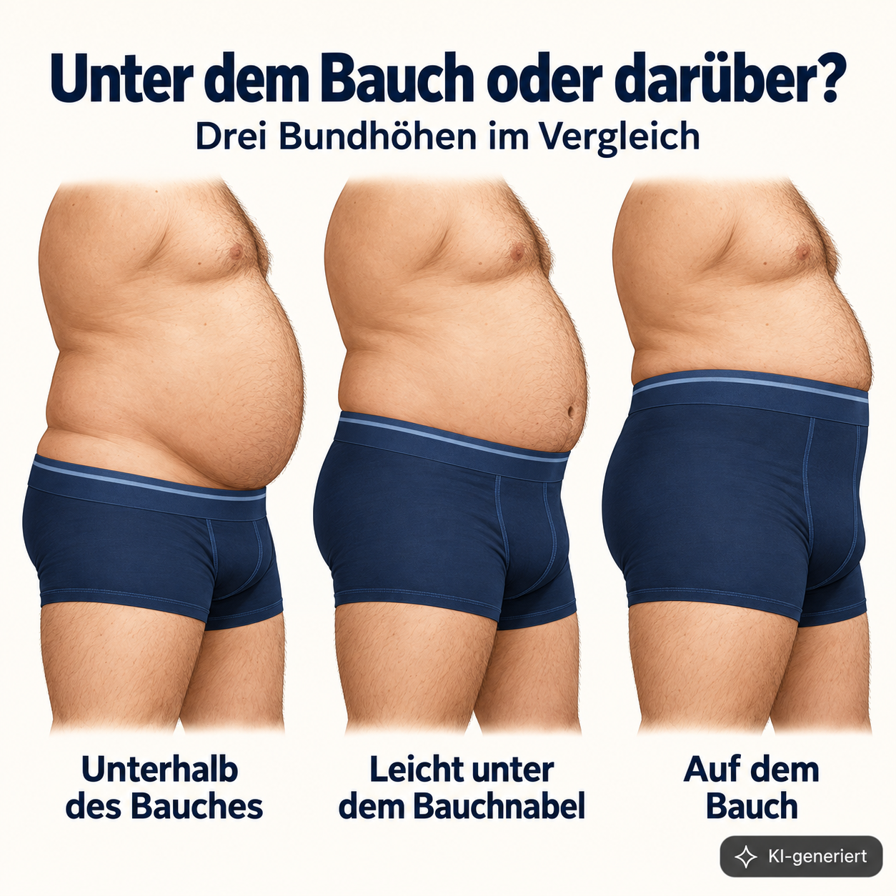 Seitliche Silhouette mit drei Bundhöhen – unterhalb des Bauches, leicht unter dem Bauchnabel, auf dem Bauch