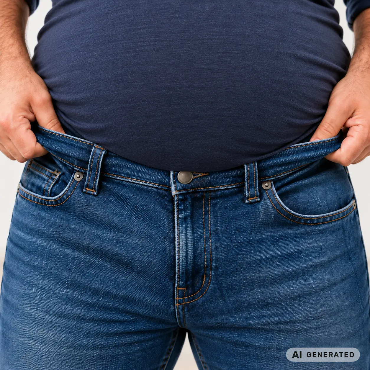 Detailaufnahme einer Stretch-Jeans, zwei Hände dehnen den Denimstoff am Bund, Nahaufnahme mit gut sichtbarer Stoffstruktur