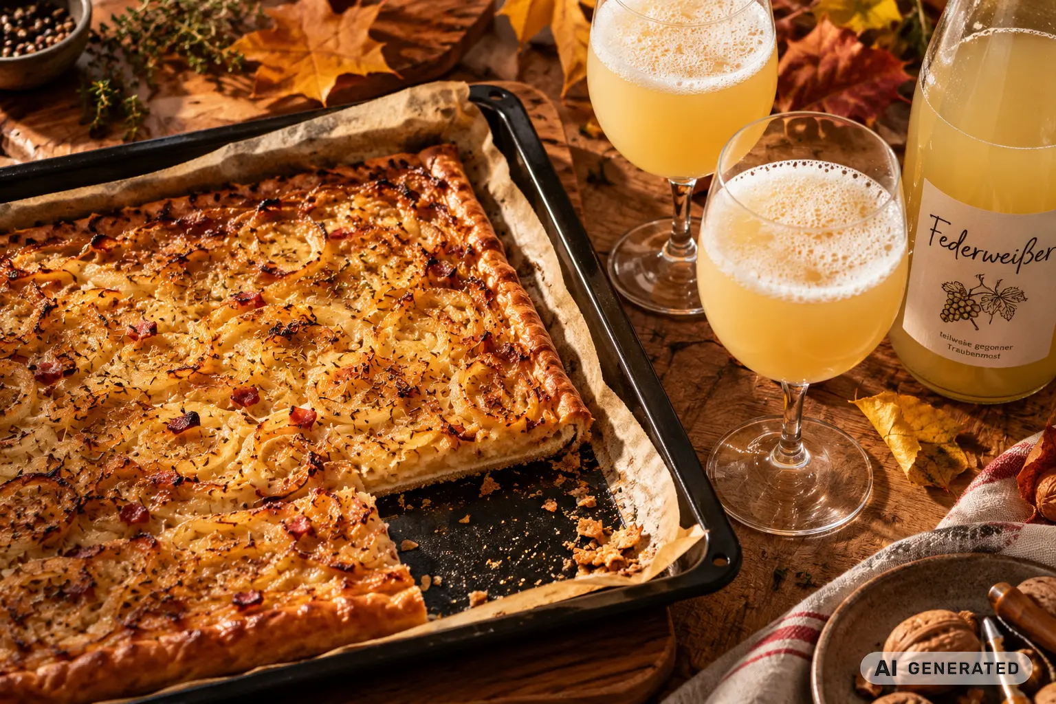 Detailaufnahme von oben – Zwiebelkuchen frisch vom Blech, daneben zwei gefüllte Federweißer-Gläser und eine Federweißer-Flasche, Herbstlaub und Holzbrett als Deko