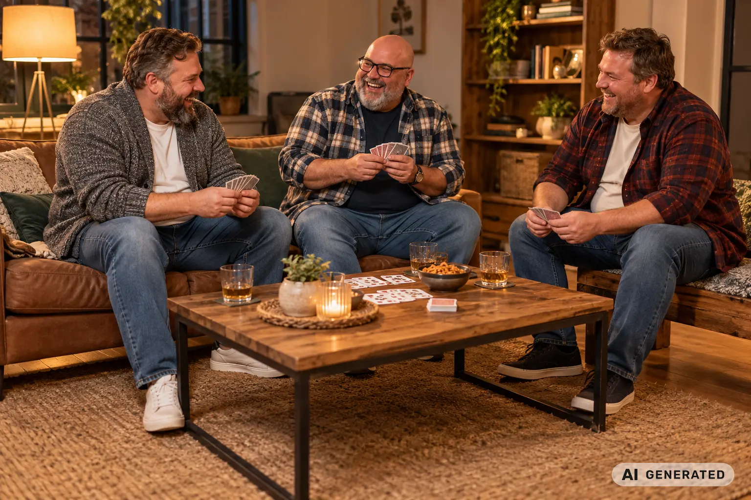 Drei Männer mit Format sitzen lachend auf Sofa und Holzbank, Strickcardigan und offenes Flanellhemd über T-Shirt, Loose Fit Jeans, Spielkarten und Gläser auf dem Couchtisch, warmes Licht, Totale