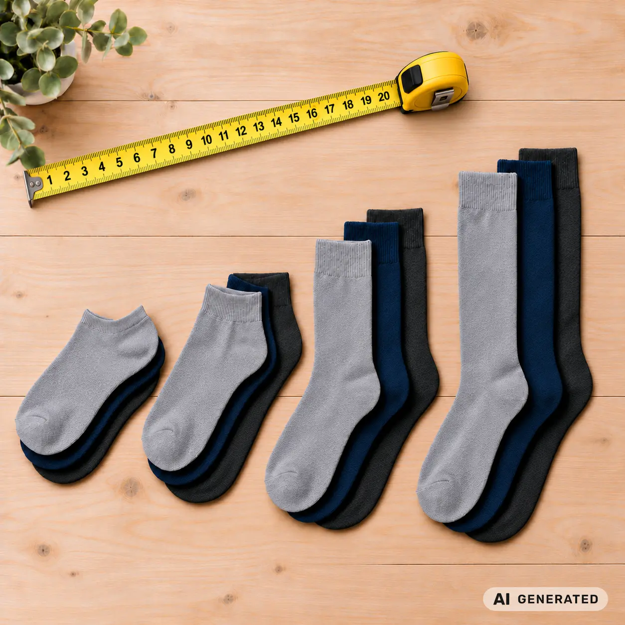 Flatlay auf hellem Holztisch, mehrere Sockenstapel in Grau, Navy und Anthrazit, sortiert nach Schafthöhe von Sneakersocke bis Kniestrumpf, daneben ein Maßband