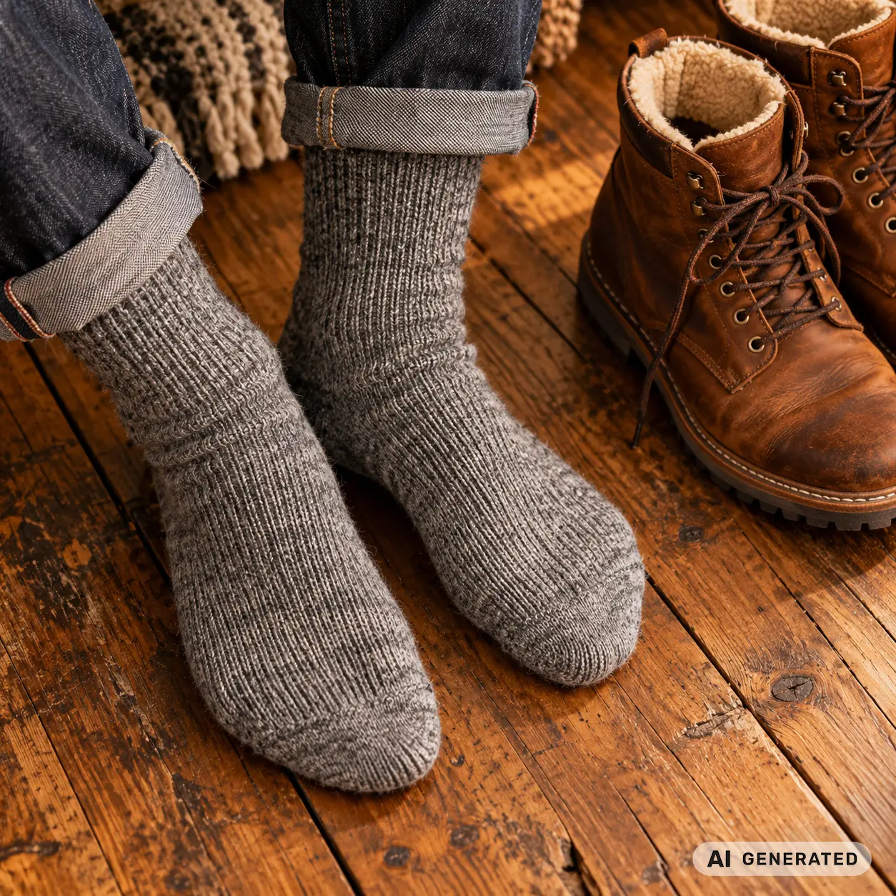 Füße eines Mannes in grauen Merinosocken auf alten Holzdielen, daneben ein Paar braune Winterstiefel, warmes Licht, Detailaufnahme von schräg oben