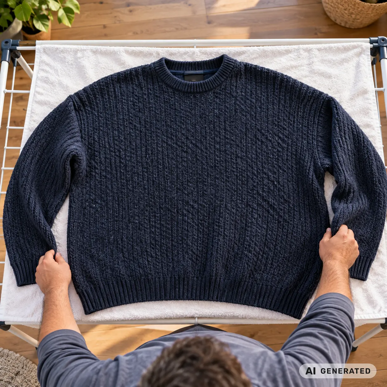 Großer Strickpullover liegt flach ausgebreitet auf einem weißen Handtuch auf einem Wäscheständer-Trockennetz, Hände ziehen ihn an den Ärmeln in Form, Draufsicht