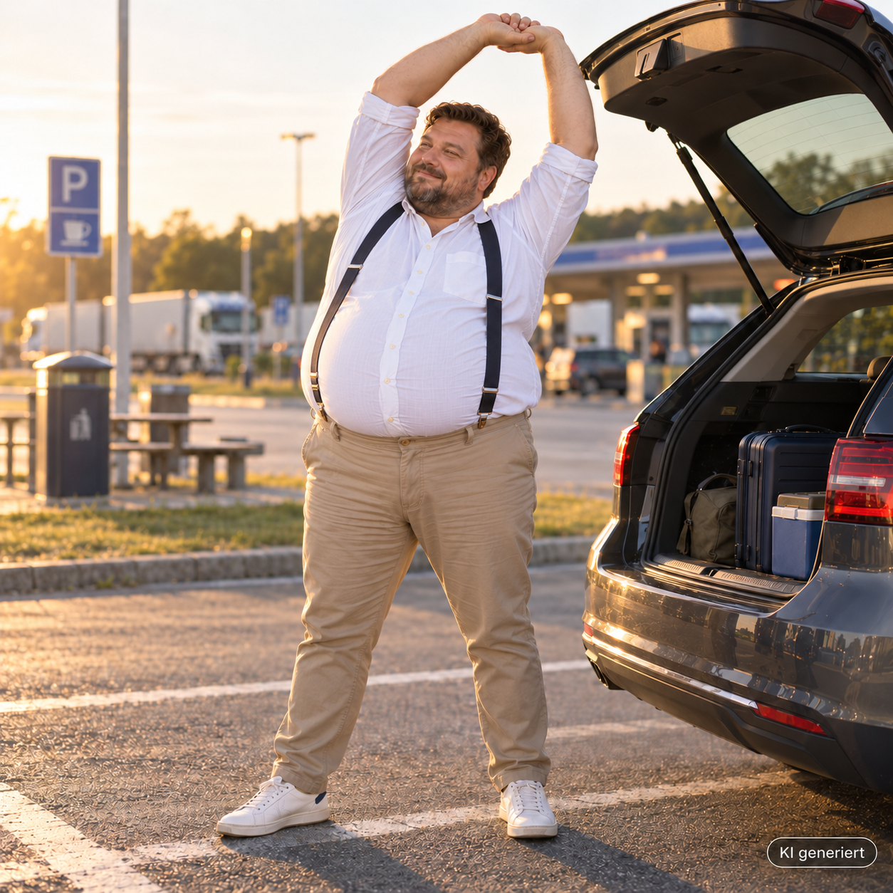 Mann mit Format steht an einem Rastplatz neben dem geöffneten Kofferraum, streckt sich mit erhobenen Armen; weißes Hemd mit breiten Hosenträgern, beige Chino, flache Sneaker; Halbtotale, Abendlicht, Autobahnrastplatz unscharf im Hintergrund