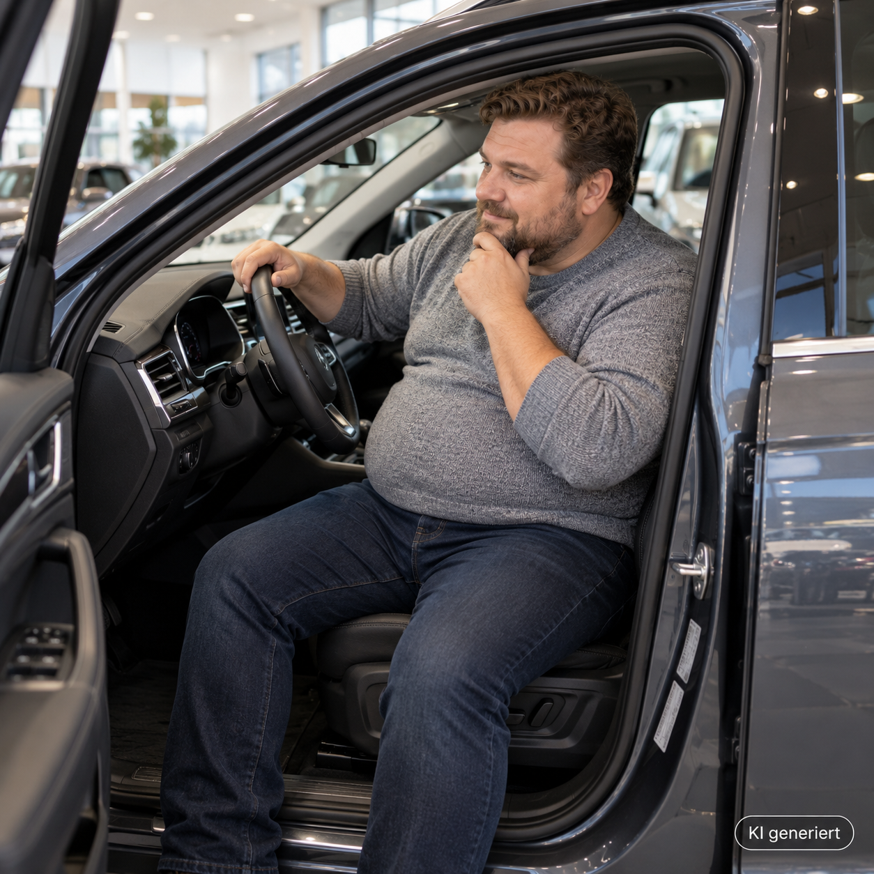 Mann mit Format beim Probesitzen in einem Autohaus, sitzt seitlich auf dem Fahrersitz eines SUV, beide Füße noch draußen, Hand am Lenkrad, prüfender Blick ins Cockpit; dunkle Jeans, grau melierter Strickpullover; Halbtotale von schräg vorne