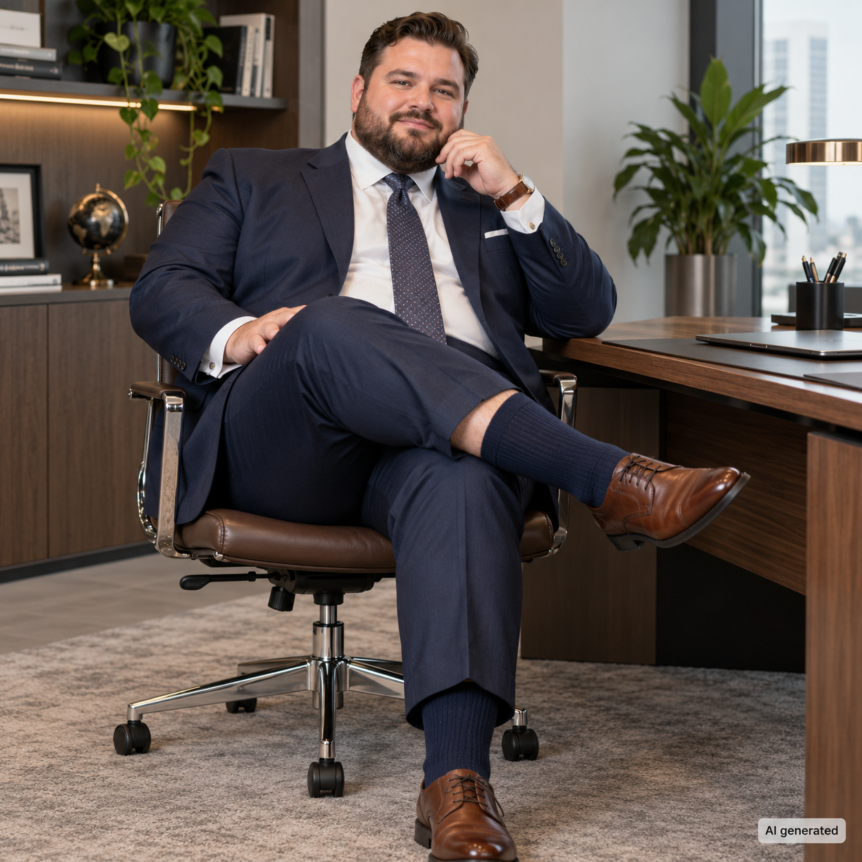 Mann mit Format im dunkelblauen Anzug sitzt mit übergeschlagenem Bein auf einem Bürostuhl, Hosenbein leicht hochgerutscht, dunkelblauer Kniestrumpf und brauner Businessschuh sichtbar, Halbtotale