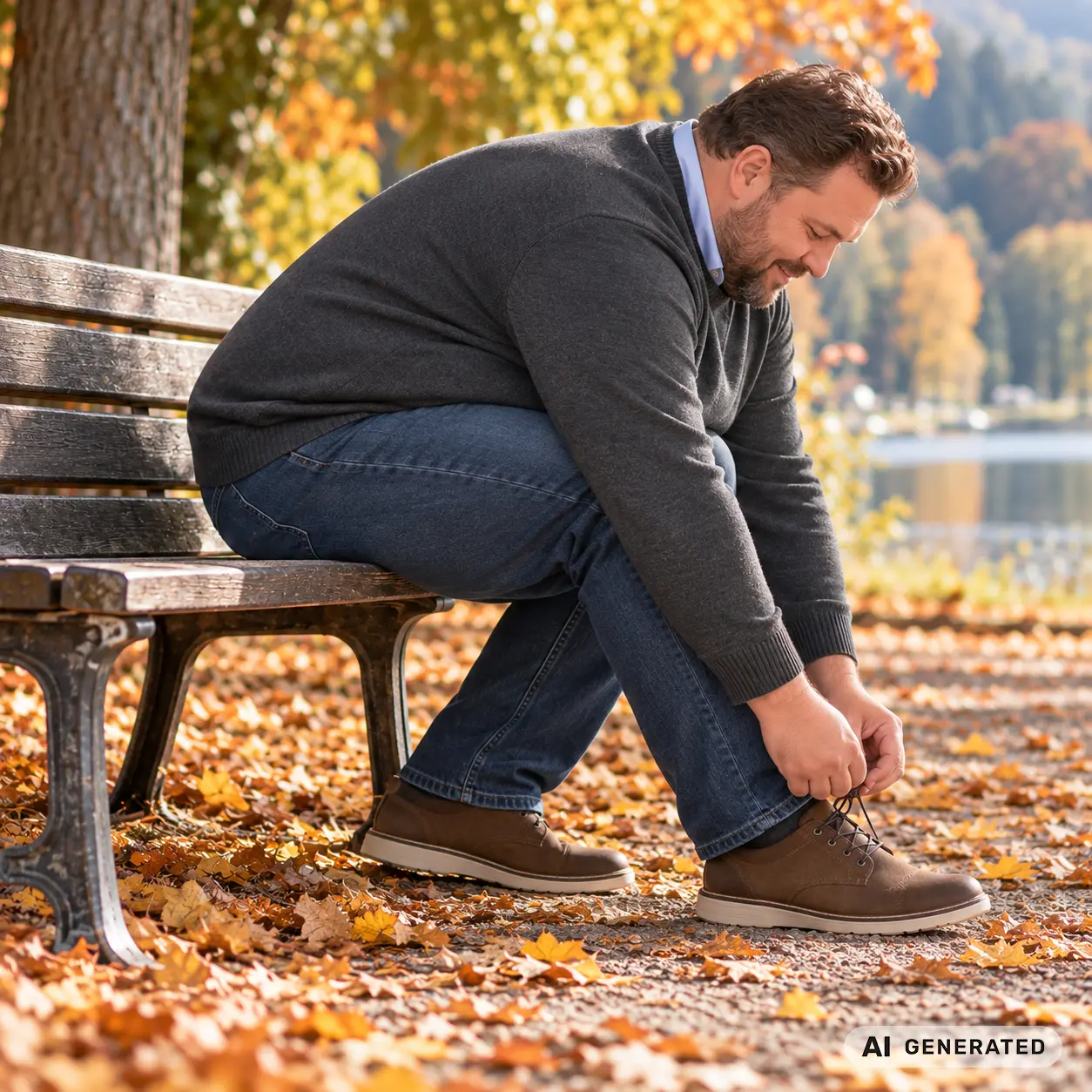 Mann mit Format im dunkelgrauen Rundhalspullover sitzt seitlich auf einer Bank und beugt sich nach vorne, um den Schuh zu binden, Rücken bleibt bedeckt, Pulli reicht über den Hosenbund, Seitenansicht, Halbtotale