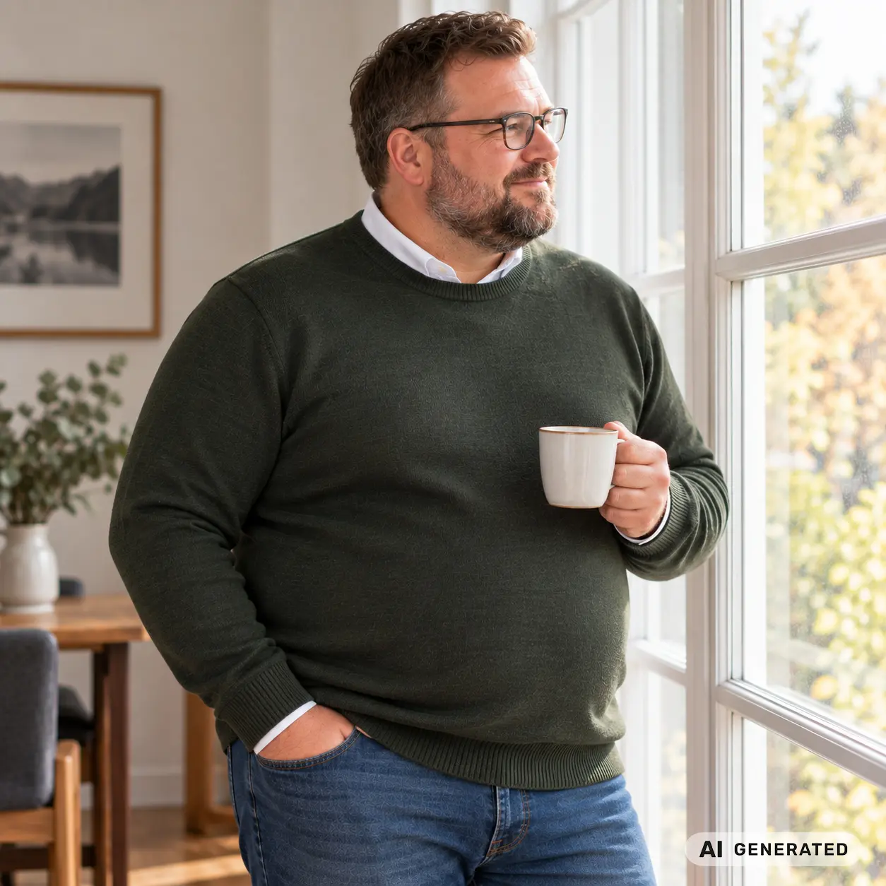 Mann mit Format im feinen dunkelgrünen Merino-Rundhalspullover steht am Fenster und hält eine Tasse, weiches Tageslicht, Halbtotale leicht seitlich, Stoffstruktur gut erkennbar