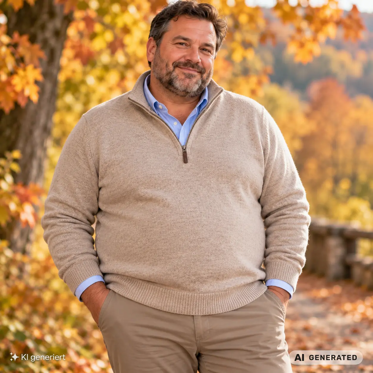 Mann mit Format im naturfarbenen Troyer mit halb geöffnetem Reißverschluss, darunter ein hellblauer Hemdkragen, draußen im Herbstlaub, Halbtotale von vorne, Pulli reicht gut über den Hosenbund