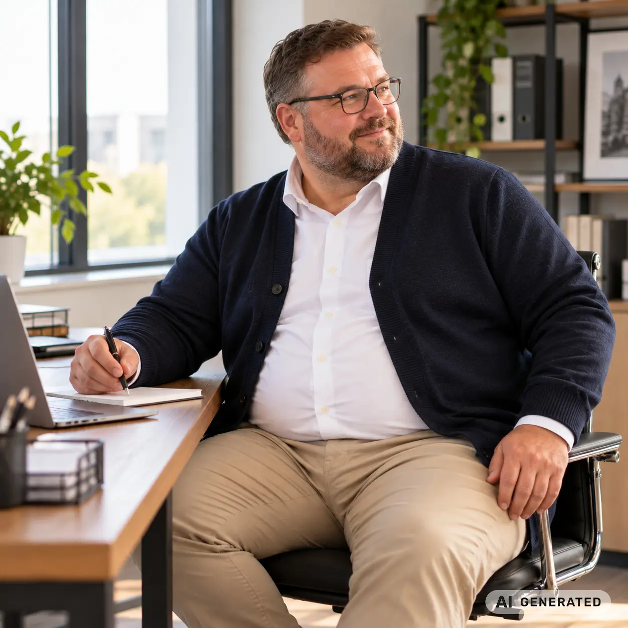 Mann mit Format im offenen dunkelblauen Feinstrick-Cardigan über weißem Hemd und beiger Chino, sitzend am Schreibtisch im Büro, Halbtotale, sichtbar ist: im Sitzen spannt nichts, der Saum liegt locker