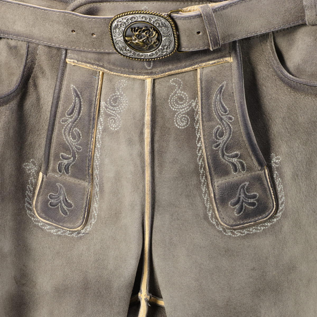 Pfundskerl Lederhose mit Stickereien und Gürtel grau