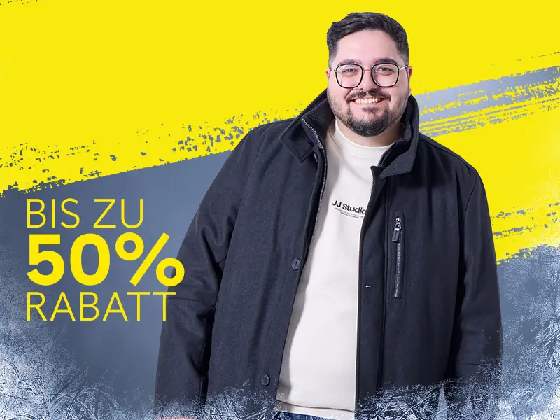 Starker Mann mit schwarzer Jacke in großer Größe, Winterjacken für Herren bei Pfundskerl jetzt bis zu 50 Prozent reduziert