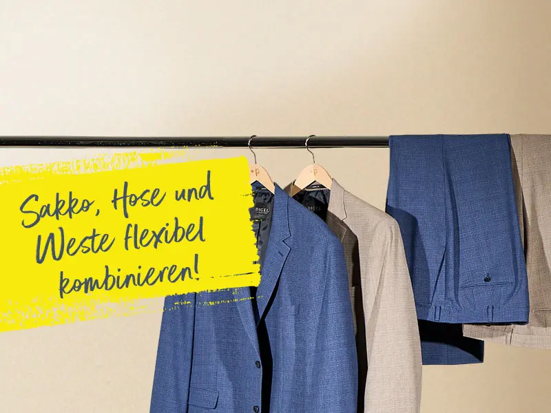 Elegante Herrenmode in großen Größen: Sakko, Hose und Weste flexibel kombinierbar in Blau und Beige